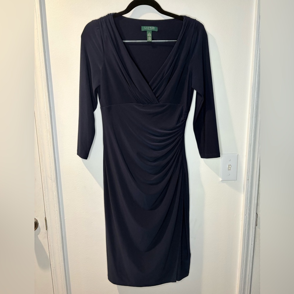 Lauren Ralph Lauren Essentials Sapphire Blue 3/4 Length Faux Wrap Dress #51